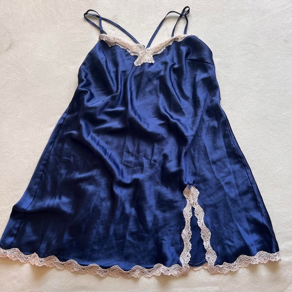 Victoria's Secret Blue Satin - Like Cream Trim slip dress nightgown lingerie